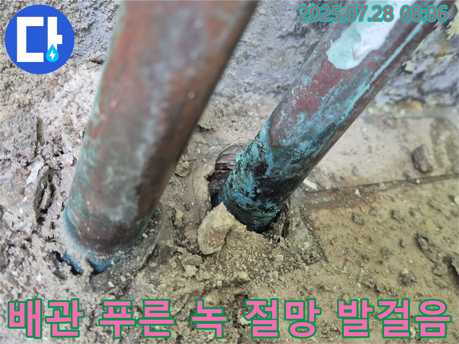 남양주 화도읍 두산아파트 누수 - 낡은 배관을 뒤덮은 푸른 녹은 깊은 절망과 멈춰진 시간 속 아파트의 멈춰버린 발걸음을 상징하는 듯합니다.