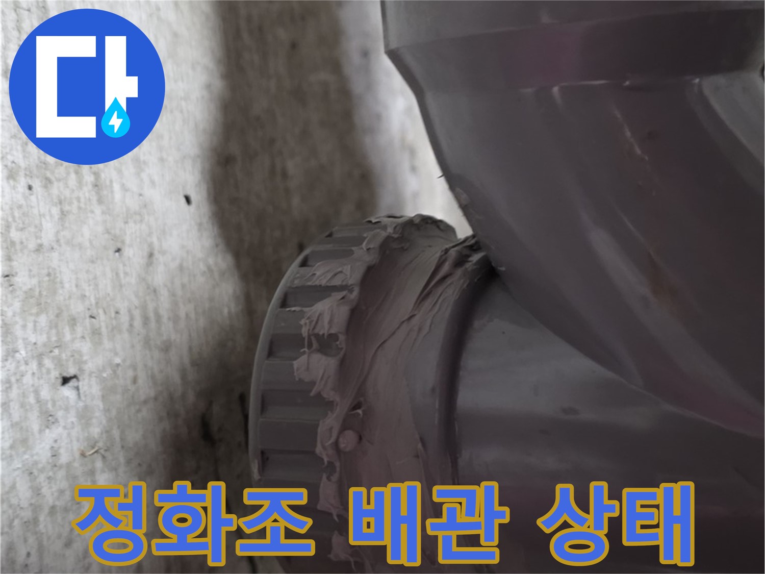 화도읍 두산아파트 누수 - 문제의 정화조 배관 연결 상태를 자세히 보여주는 사진입니다.