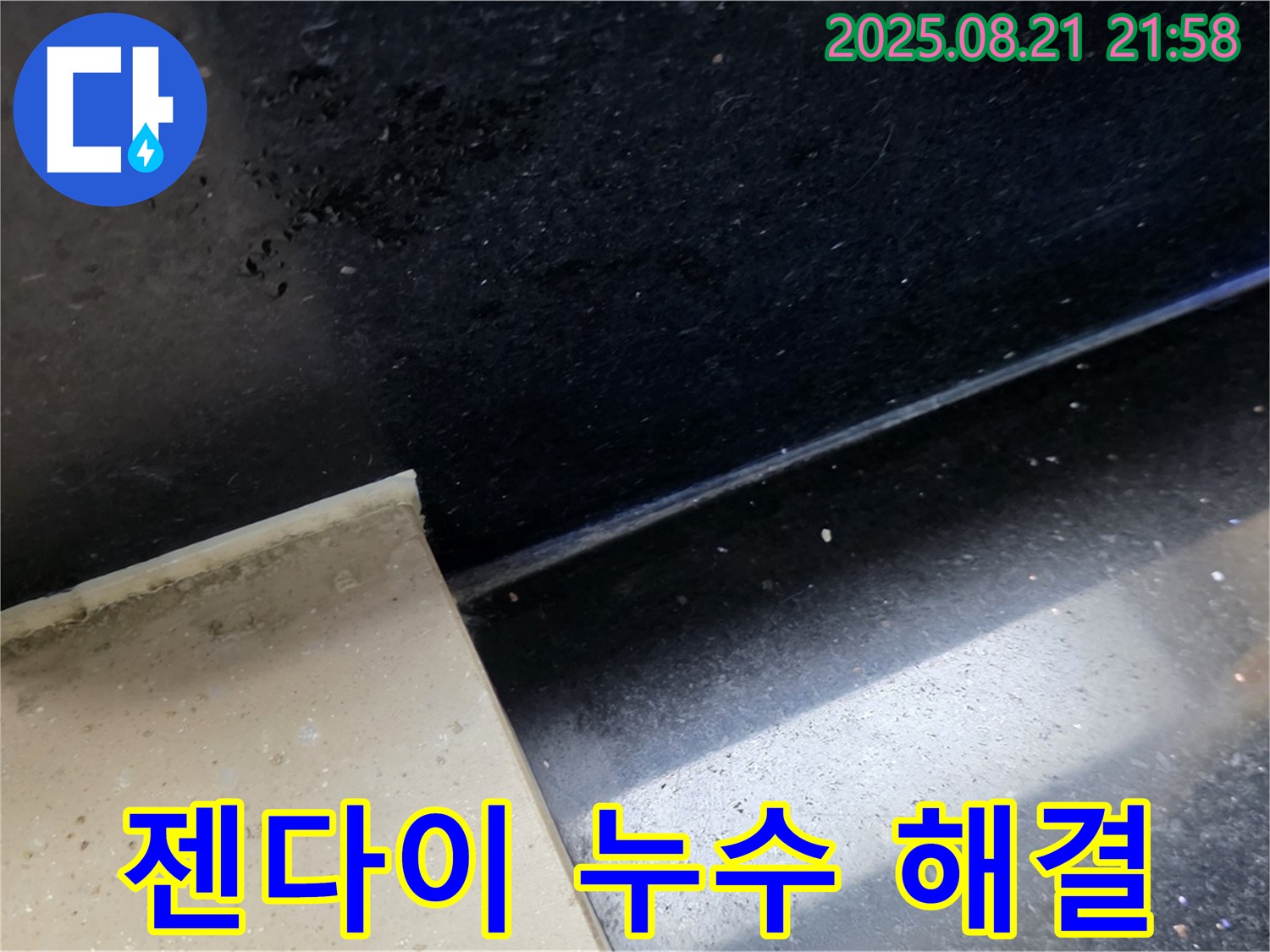 일산 하이파크 누수 현장 - 곰팡이 핀 욕실 젠다이 타일 틈새를 통해 누수 위치를 파악하고 문제 해결을 위한 준비를 하는 모습