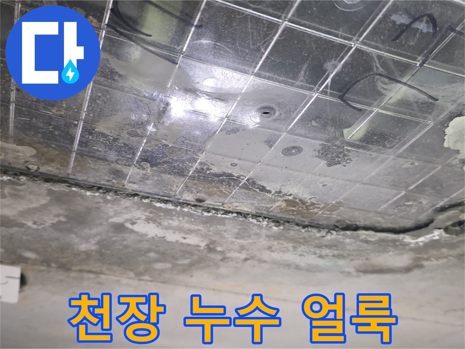 천장 누수 얼룩 - 누수로 인해 생긴 얼룩이 천장을 오염시키고 있습니다.