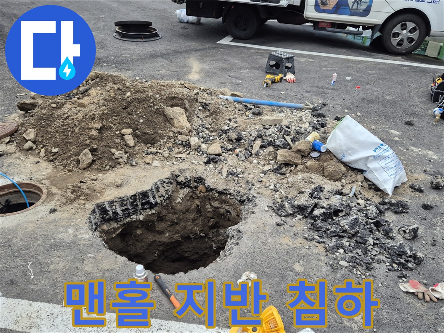 강원특별자치도 철원군 서면 와수리 - 맨홀 주변 지반이 침하되어 긴급 점검과 보수가 필요한 상황