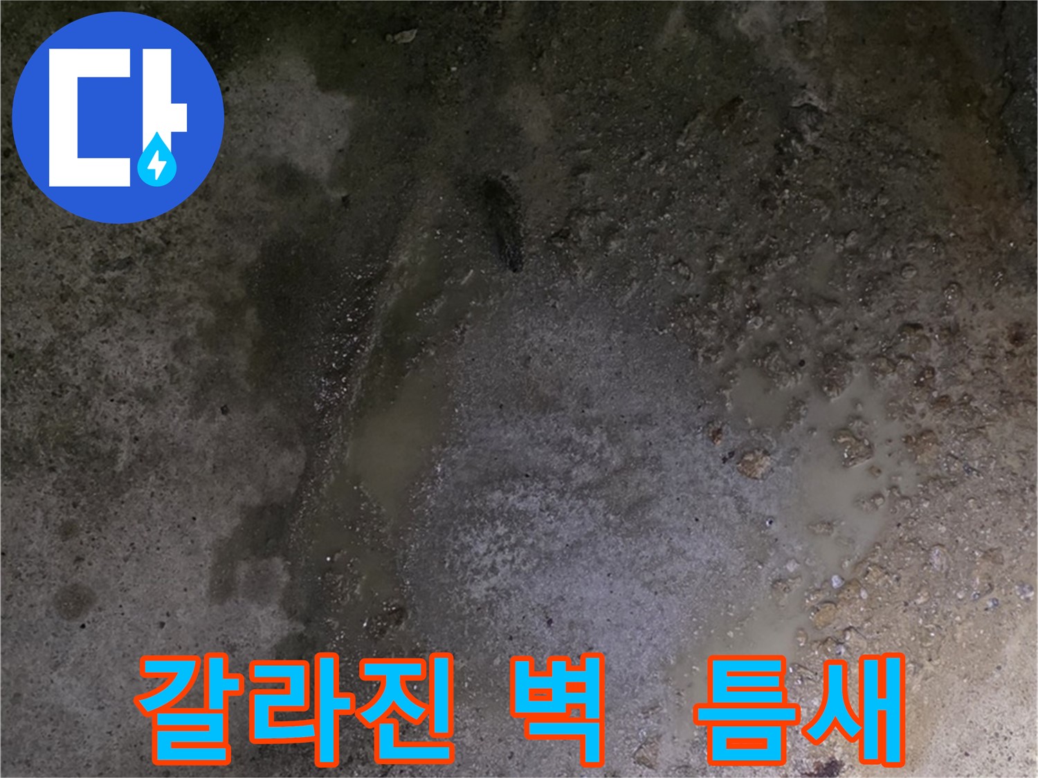 철원군 서면 와수리 누수 현장 - 갈라진 벽 틈새로 물이 스며들어 누수가 발생하고 있습니다.