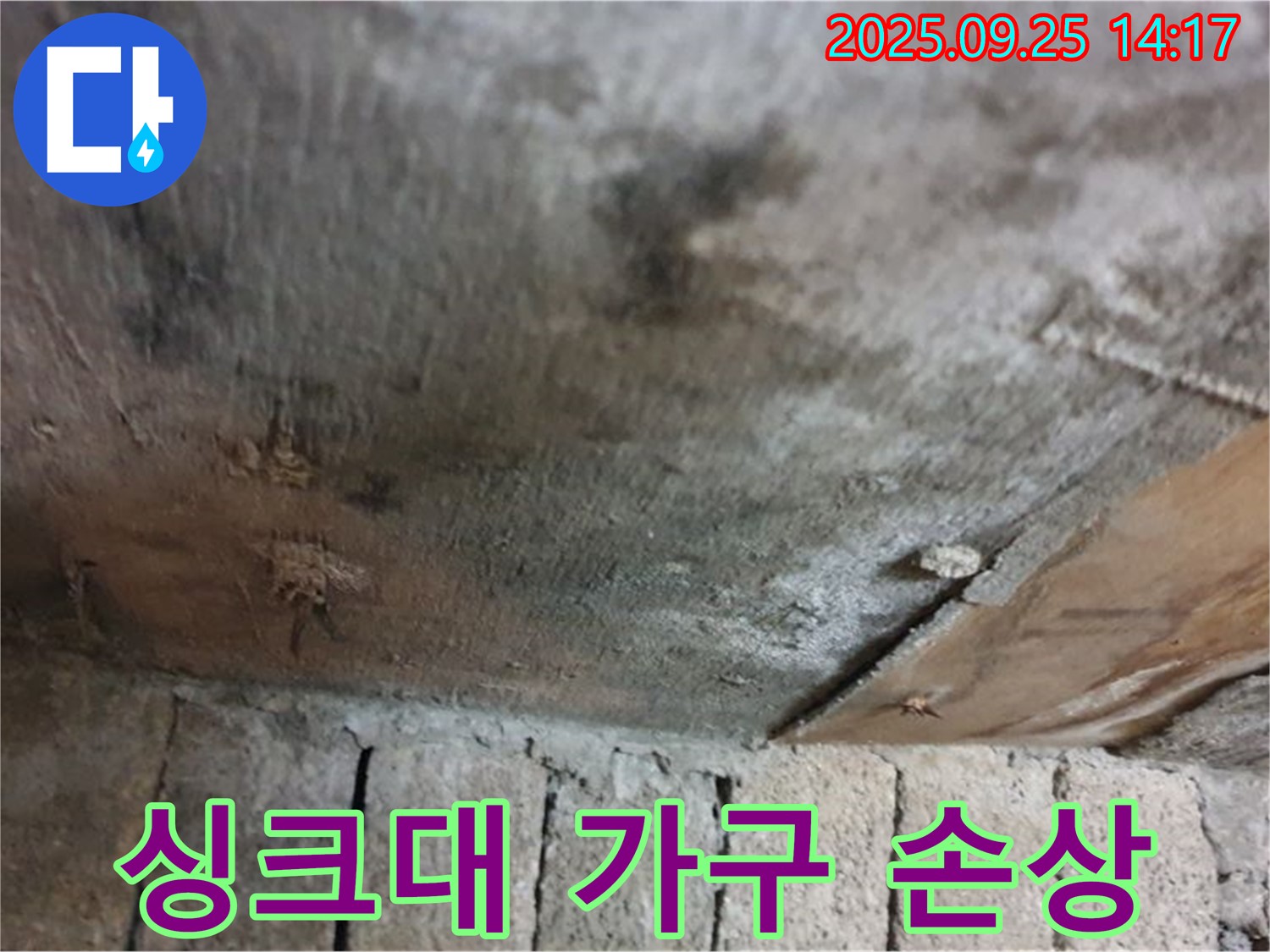 의정부 호원동 누수 현장 - 싱크대 누수로 인해 부엌 가구가 손상되고 곰팡이가 발생하고 있습니다.
