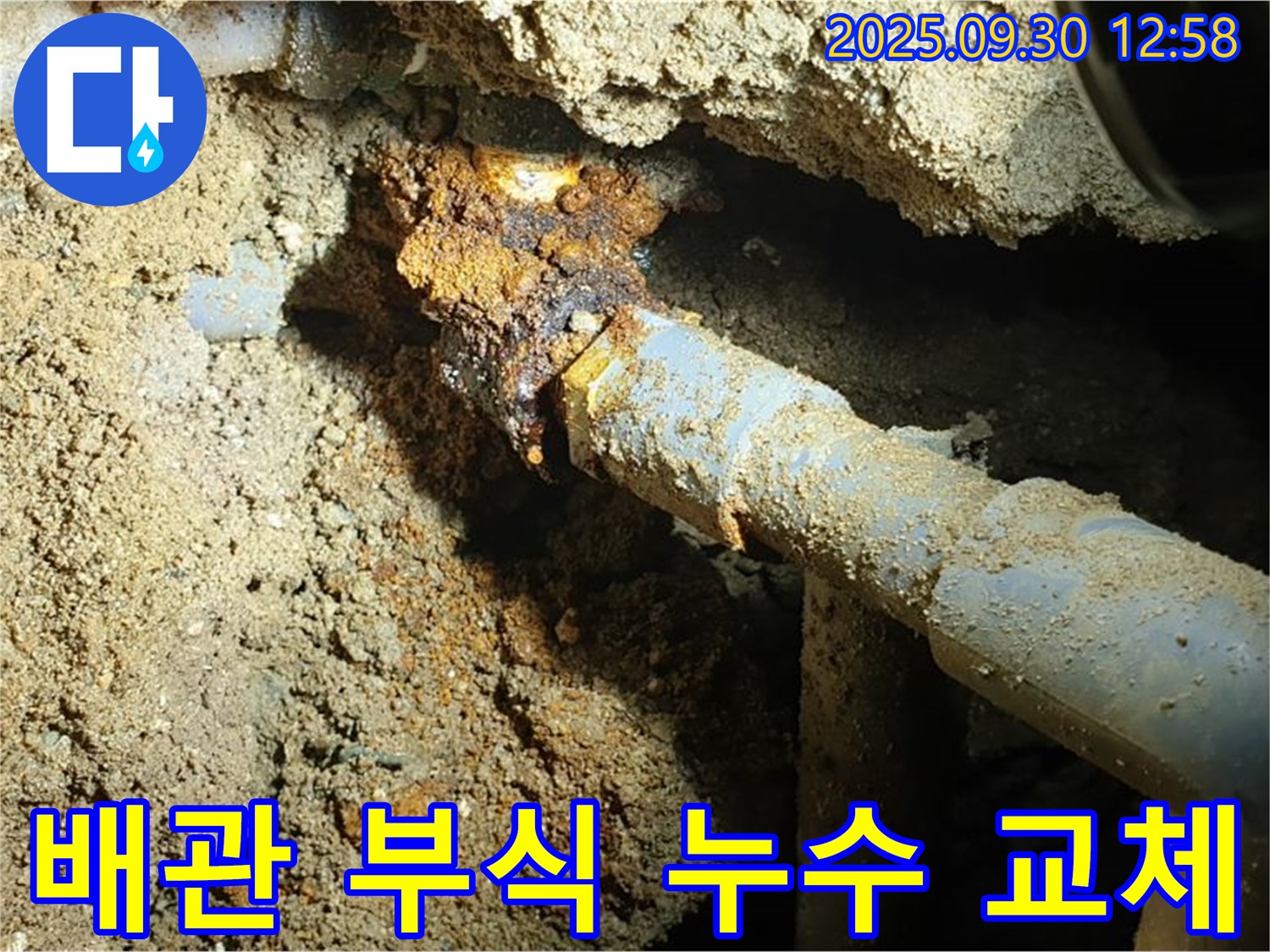 양주시 광적면 효촌리 누수 현장 - 오래된 배관의 부식으로 인한 누수를 탐지하고 새 배관으로 교체하는 과정을 보여주는 사진입니다.