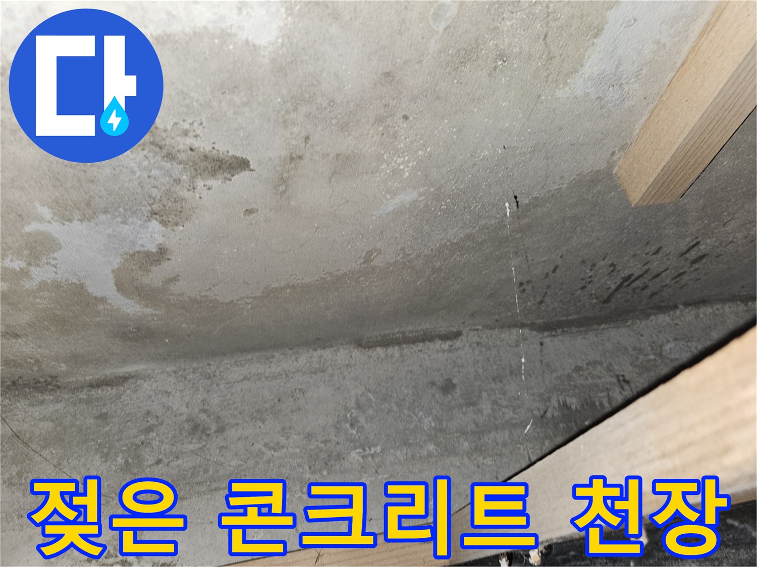 젖은 콘크리트 천장 - 누수로 인해 콘크리트 천장이 젖어있는 상태를 보여줍니다.