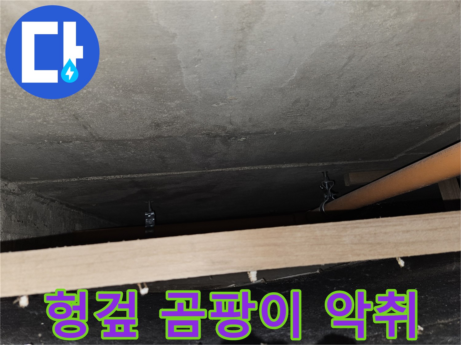 천장 배관 - 헝겊 임시 지지 - 곰팡이 발생, 악취 문제