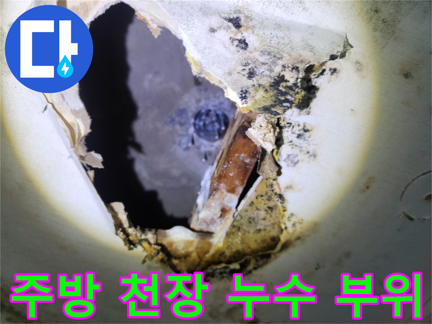 양주시 주방 천장 절개 후 확인된 배관 주변 곰팡이와 습기 상태