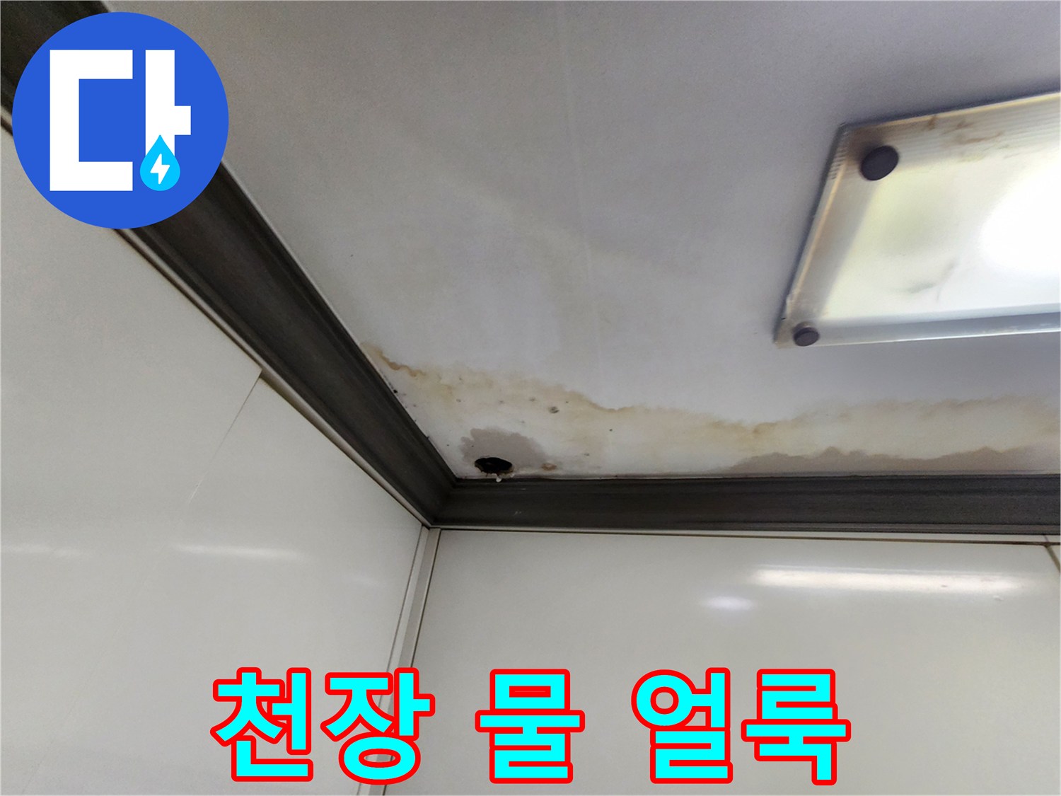 천장과 벽면 경계의 젖은 부위와 갈색 변색 흔적