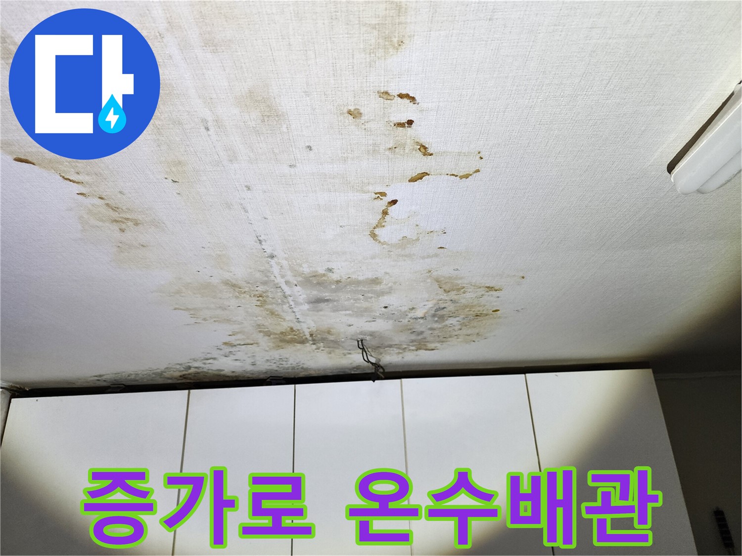 온수배관 누수로 인한 아랫집 천장 누수와 벽지 손상