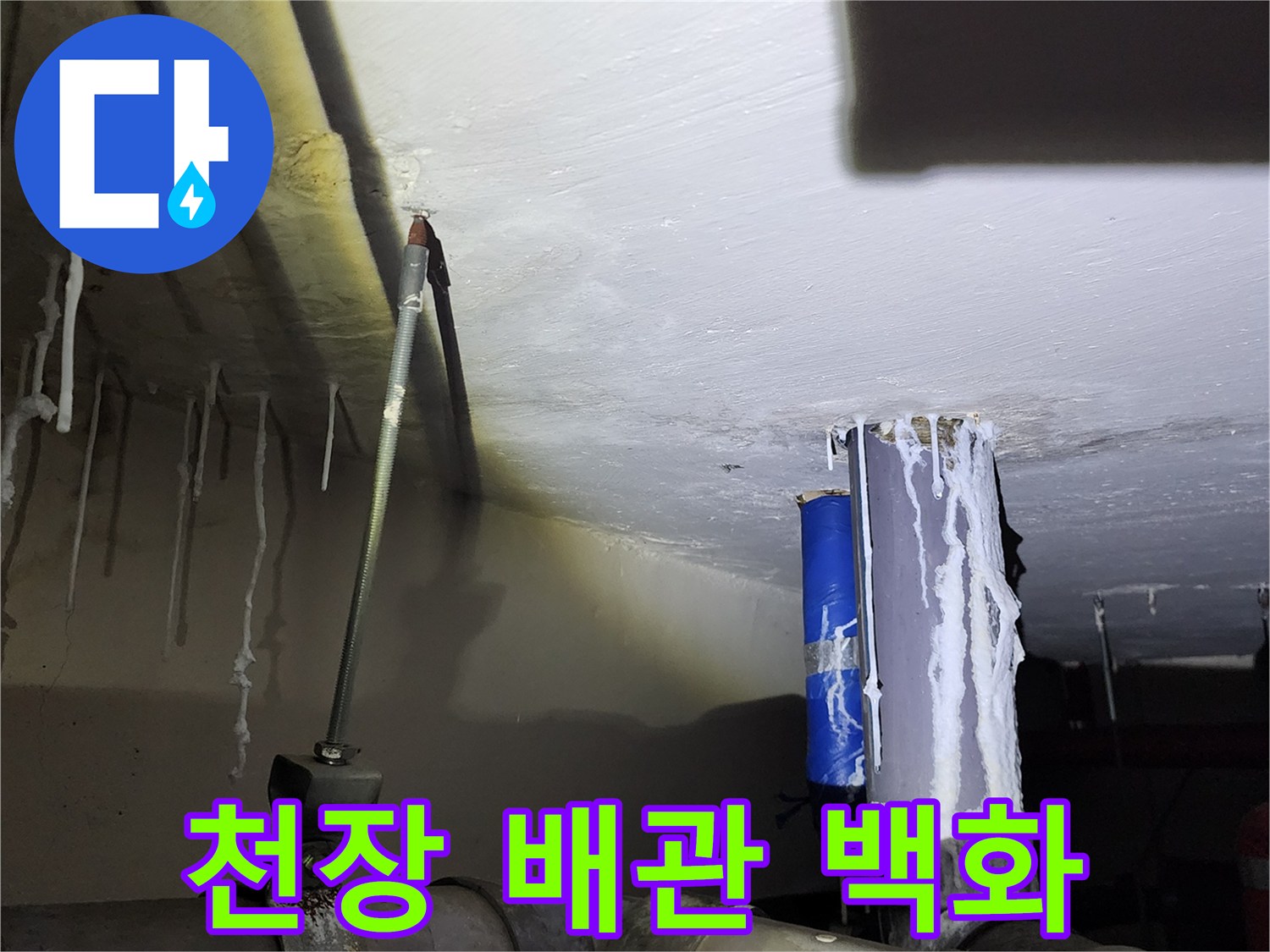하얀색으로 변한 천장 배관 주변의 누수 흔적