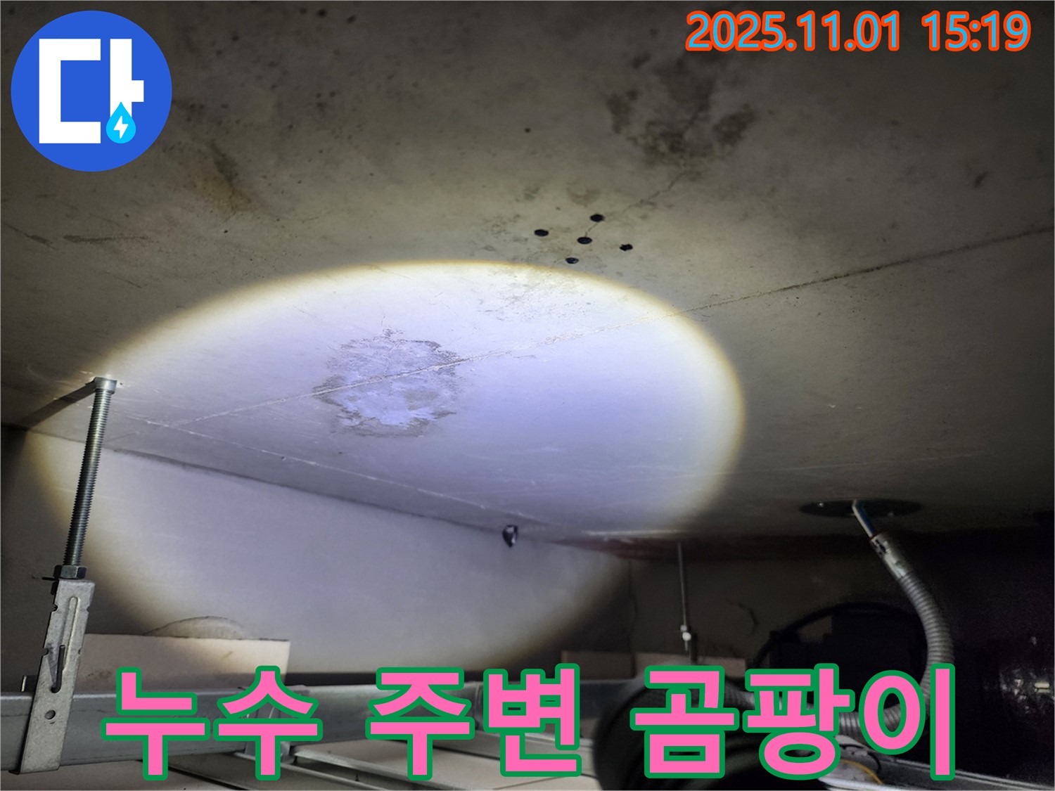 신금호역 누수 - 누수 지점 주변에 곰팡이가 발생한 것은 습기가 지속적으로 존재했음을 의미합니다.