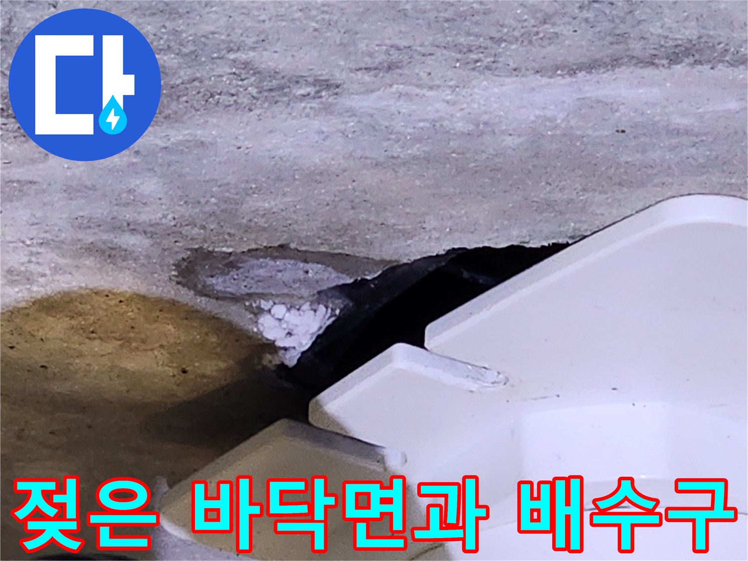 배수구 주변 콘크리트가 물에 젖어 있는 모습입니다.