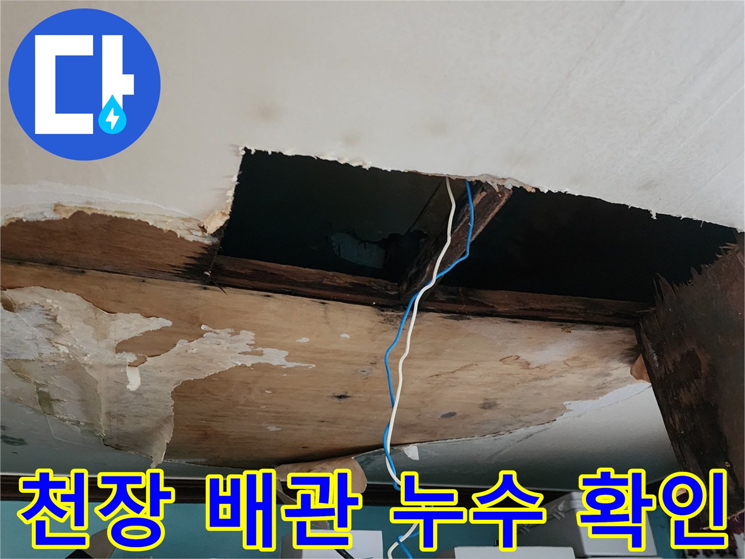 배관 주변의 습기 흔적과 손상된 천장 마감재 모습
