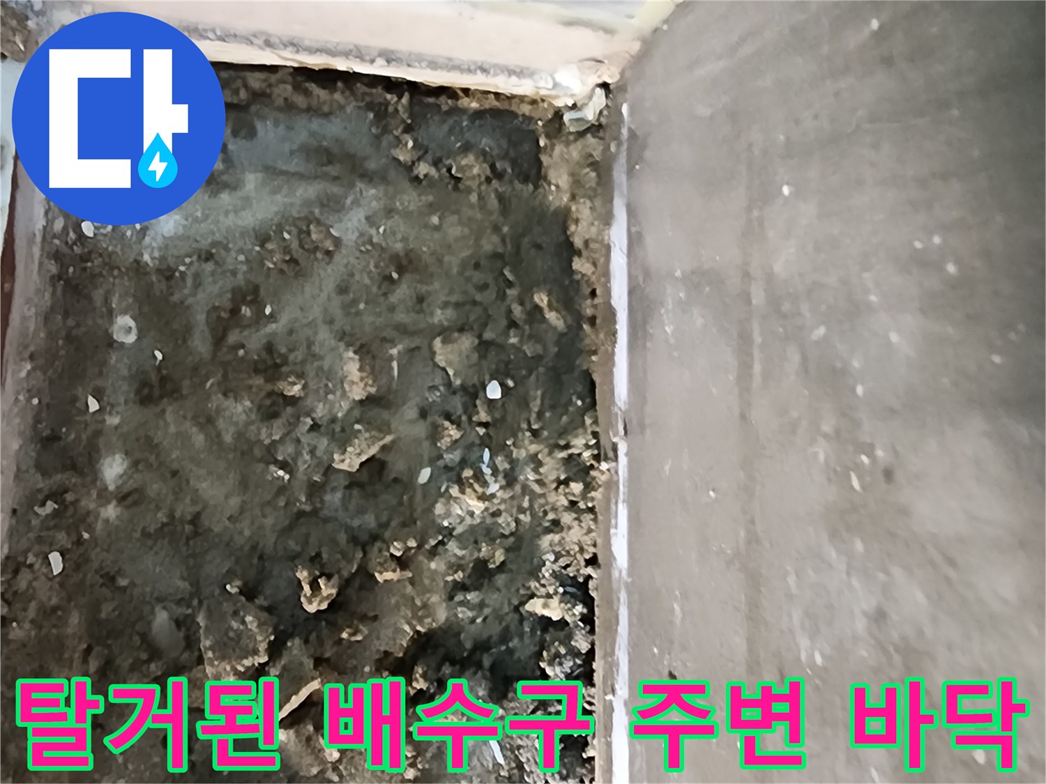 의정부 신곡동 현장-물에 젖어 오염된 배수구 주변 바닥면