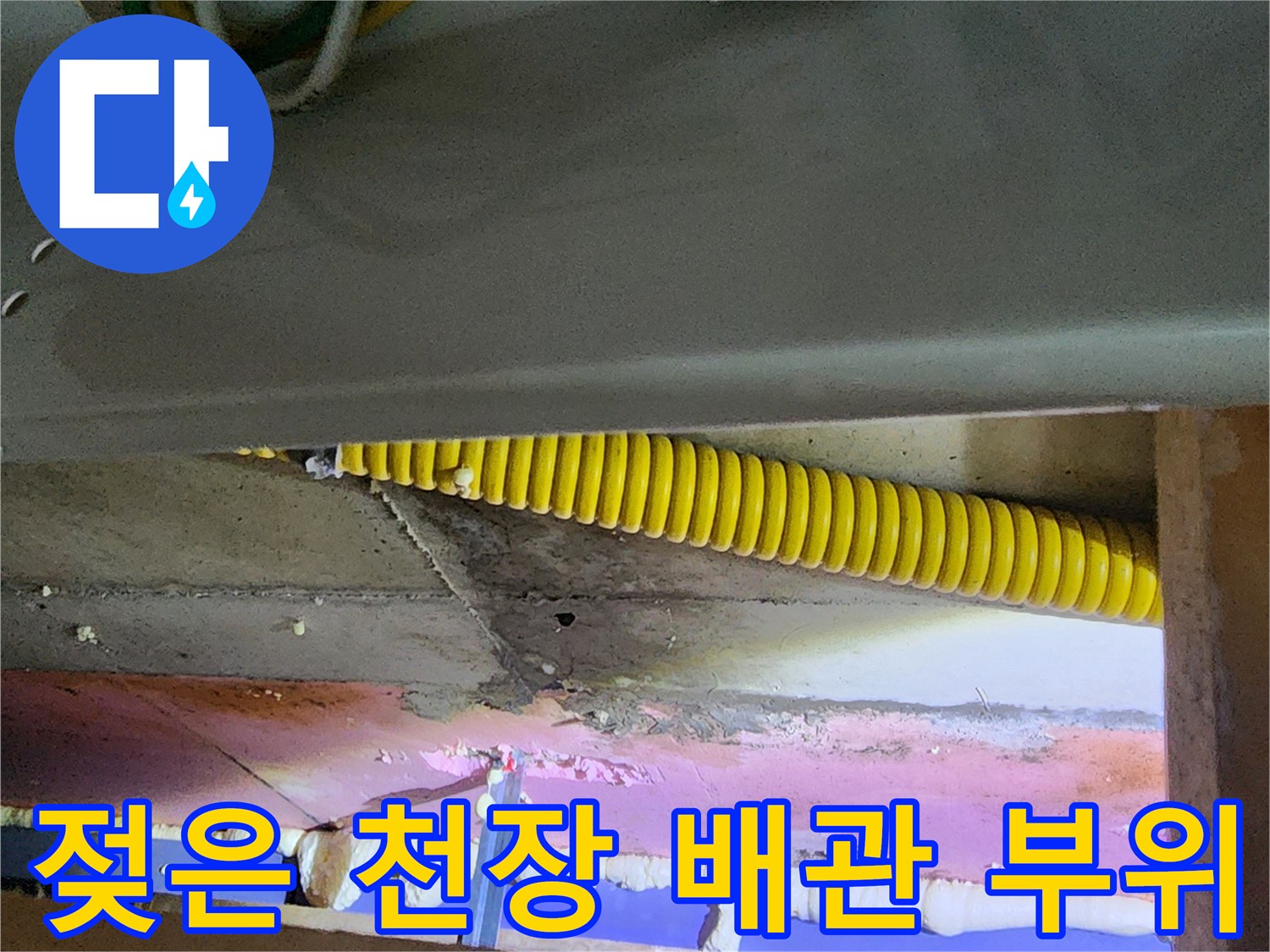 천장 내부 노란색 주름관과 습기를 머금은 마감재 상태
