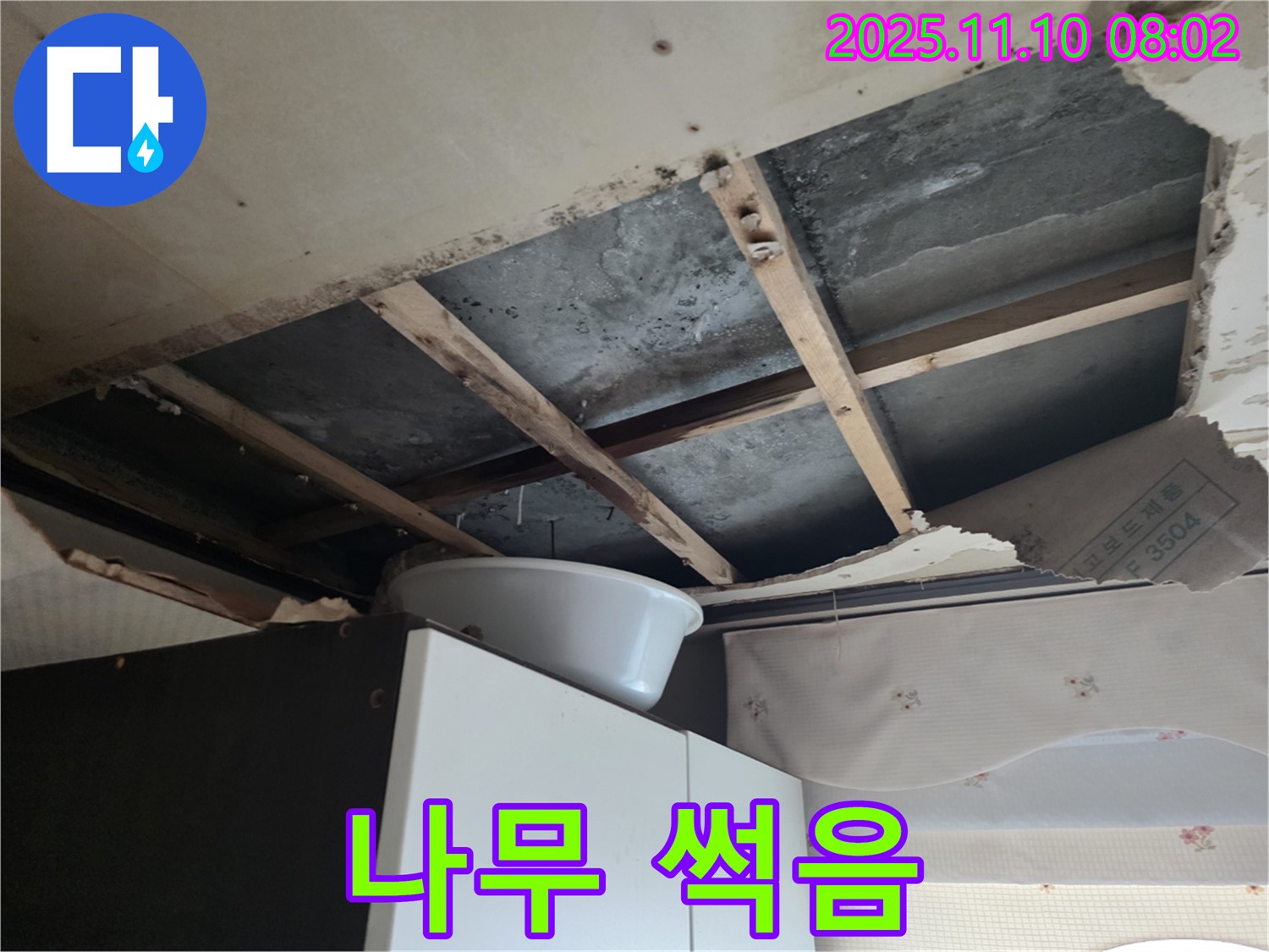 초원맨션 천장 누수 - 누수로 인해 천장 나무가 썩어 문드러지고 있습니다.