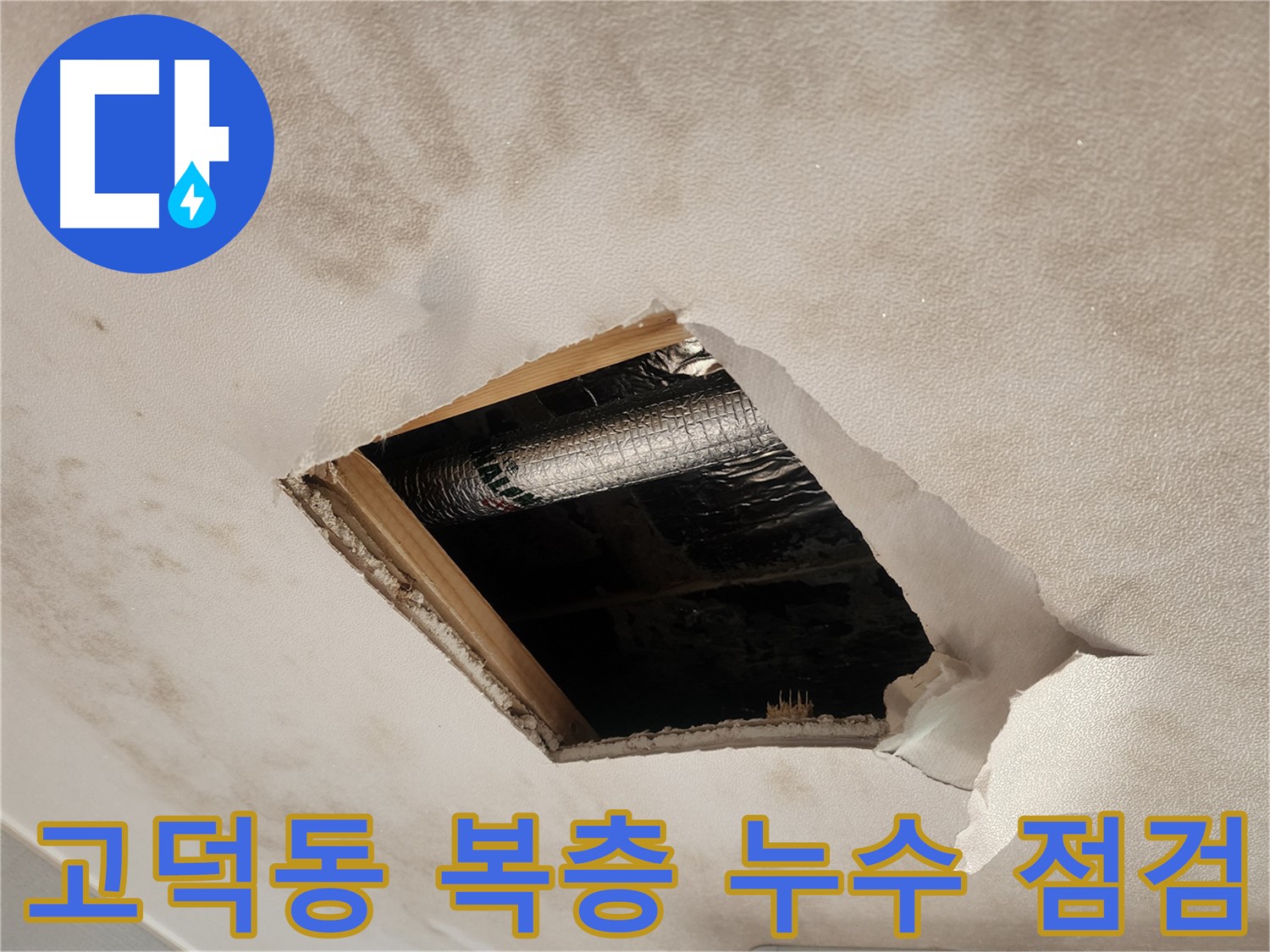 고덕동 복층 주택 천장 누수 - 석고보드 절단 후 젖은 단열재 확인