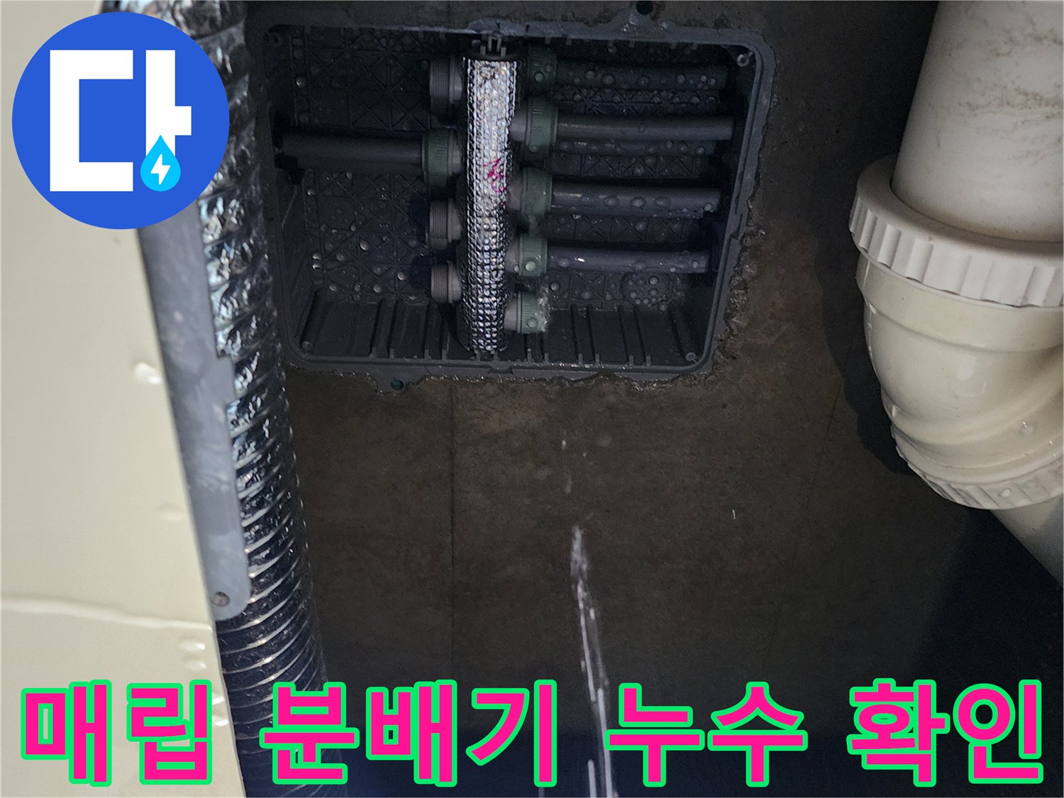 습기가 가득한 싱크대 하단 매립 배관함 내부