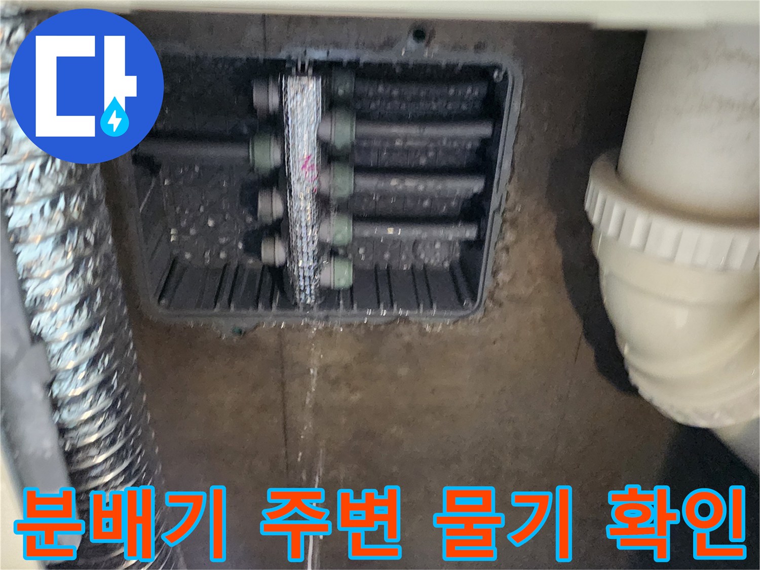 싱크대 하부 매립 공간-습기로 인해 젖은 분기 배관
