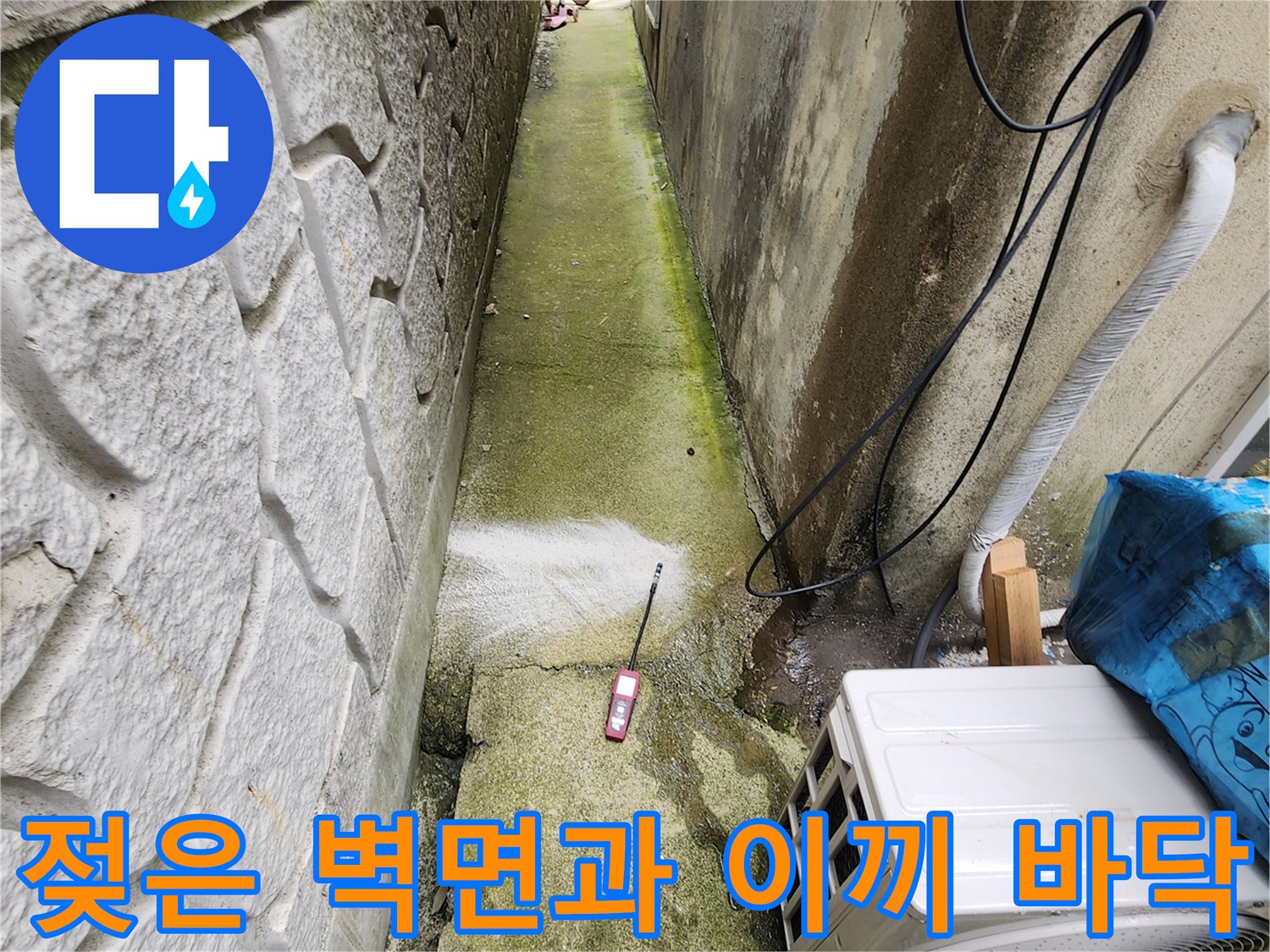 습기와 이끼로 오염된 건물 사이 좁은 공간