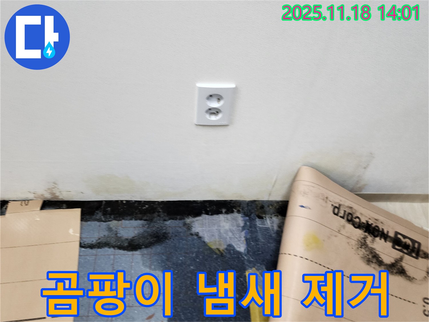 콘센트 주변 벽지 곰팡이 냄새 - 포천시 내촌면 진목리 누수, 탈취 후 천연 항균 벽지 시공으로 쾌적하게!