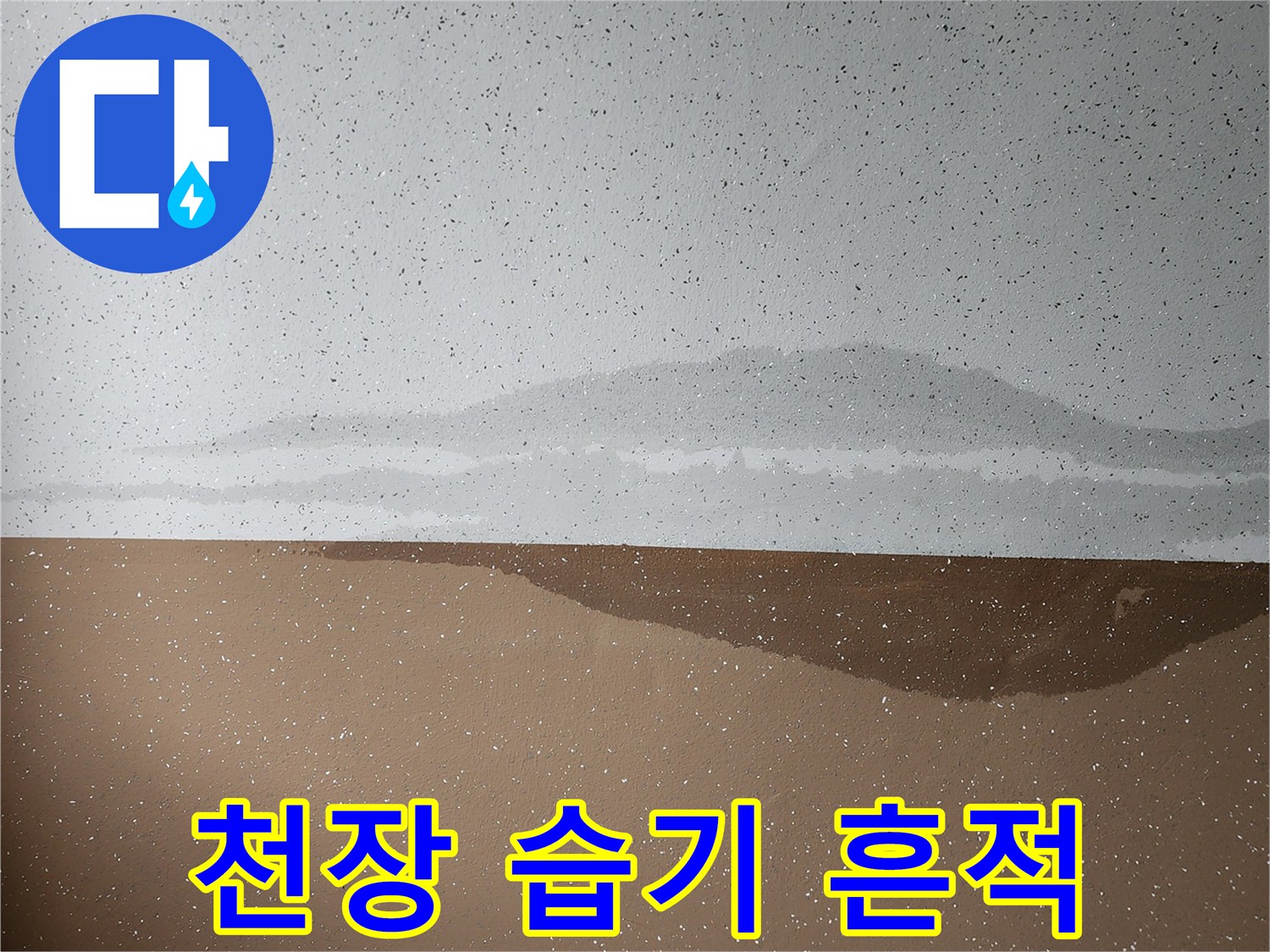 누수로 인해 변색된 천장과 벽면의 경계 부위