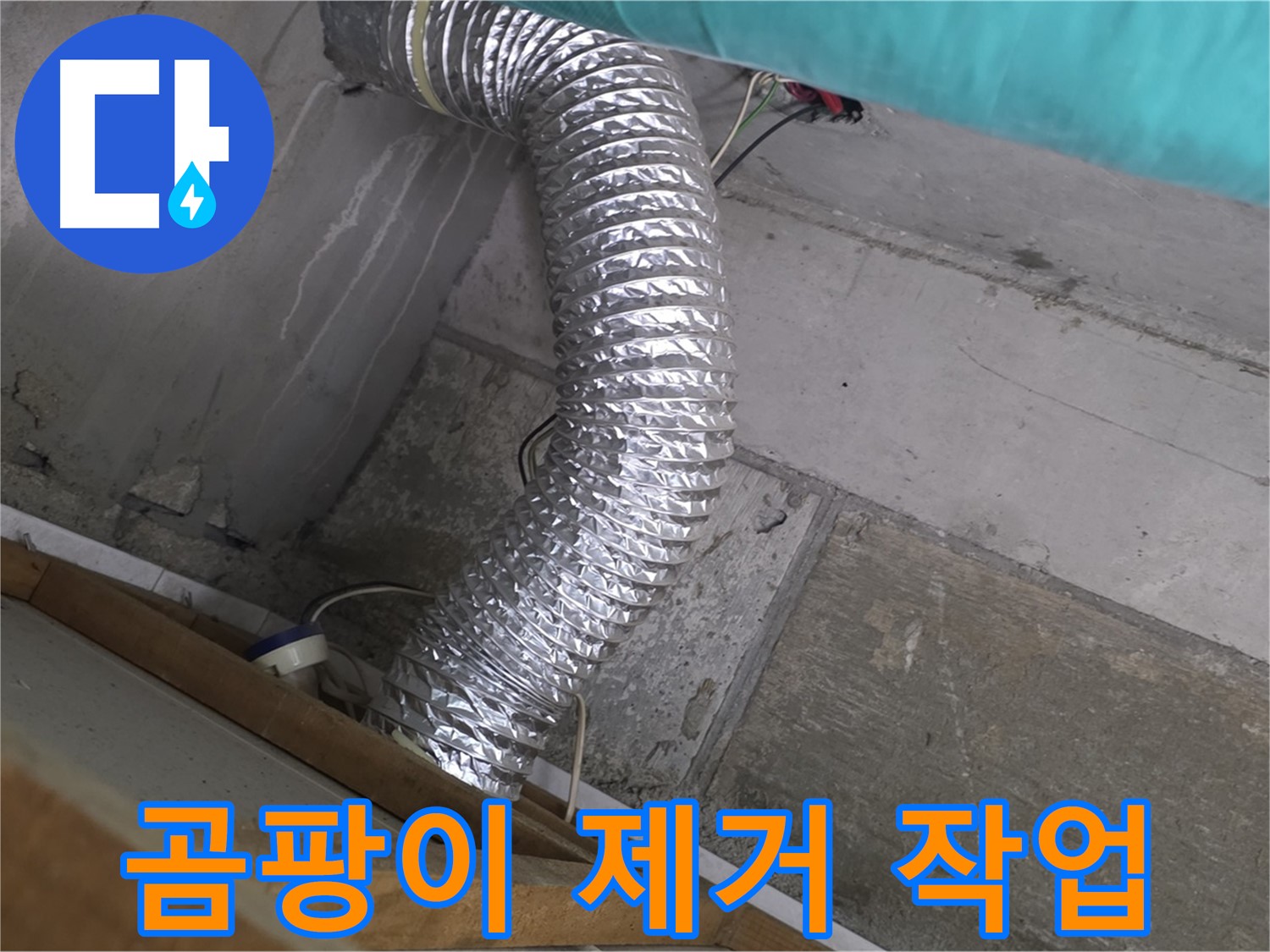 마포구 용강동 현대홈타운 누수 점검 - 욕실 환풍기 배관 주변 곰팡이 제거 작업 중