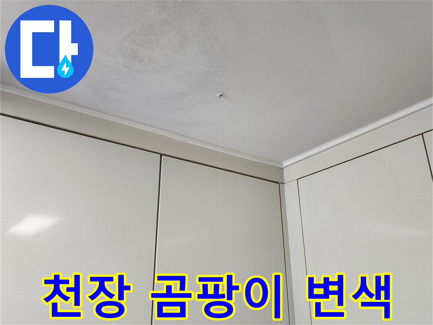 천장 구석 부위의 곰팡이와 물자국 흔적