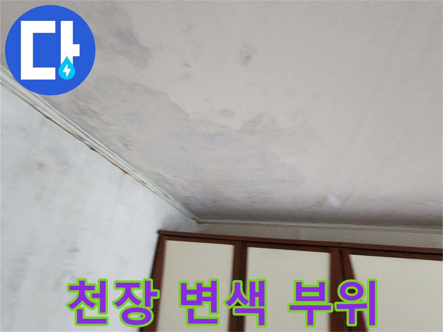 천장 벽지가 물에 젖어 어둡게 변한 모습
