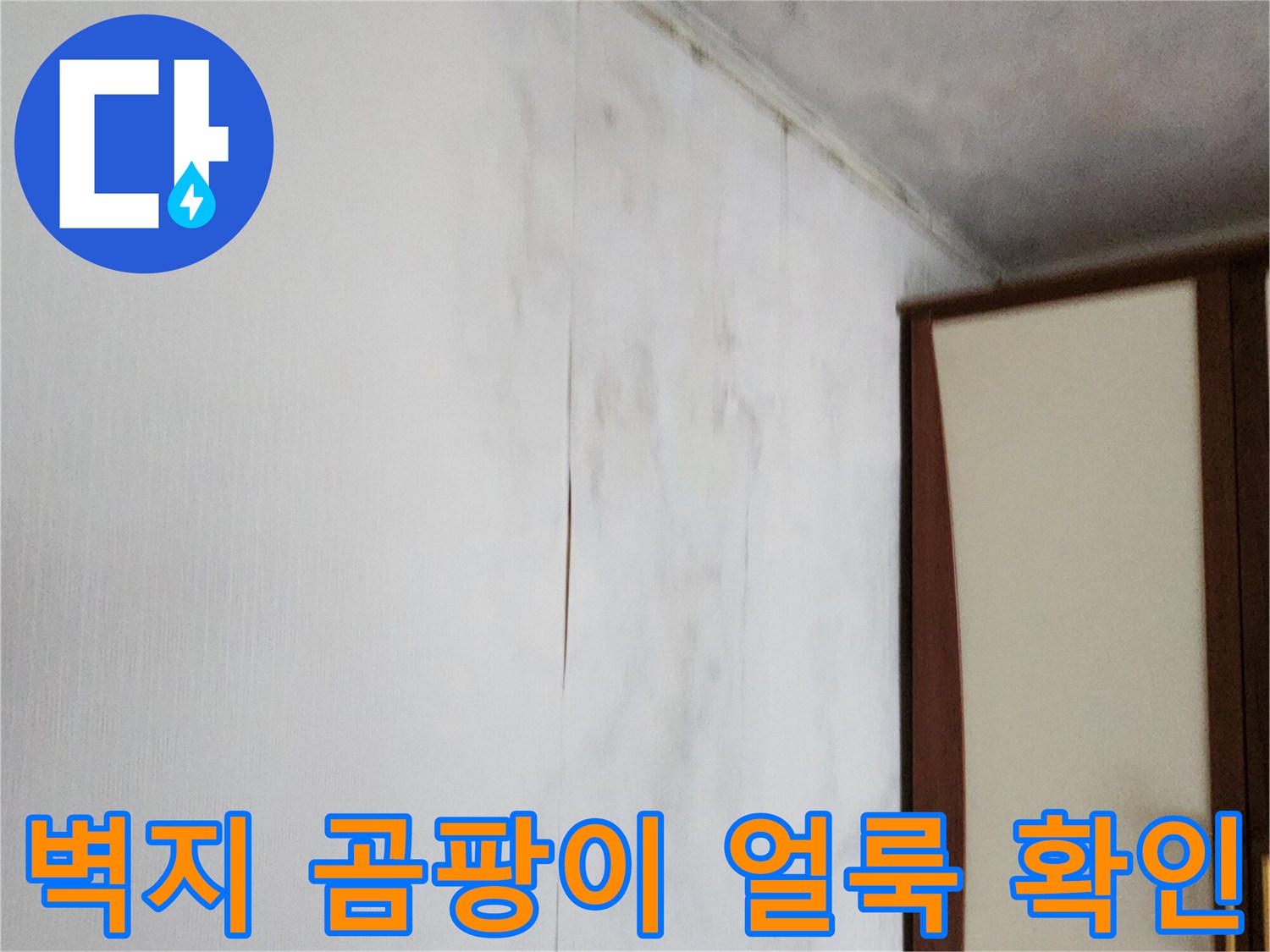 천장 인근 벽면-습기로 인한 변색과 곰팡이 발생 부위