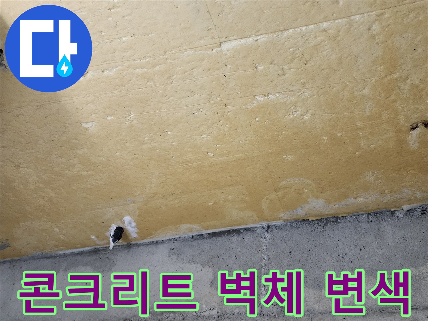 신북면 현장 - 누수로 인해 오염된 콘크리트 하단과 단열재 부위