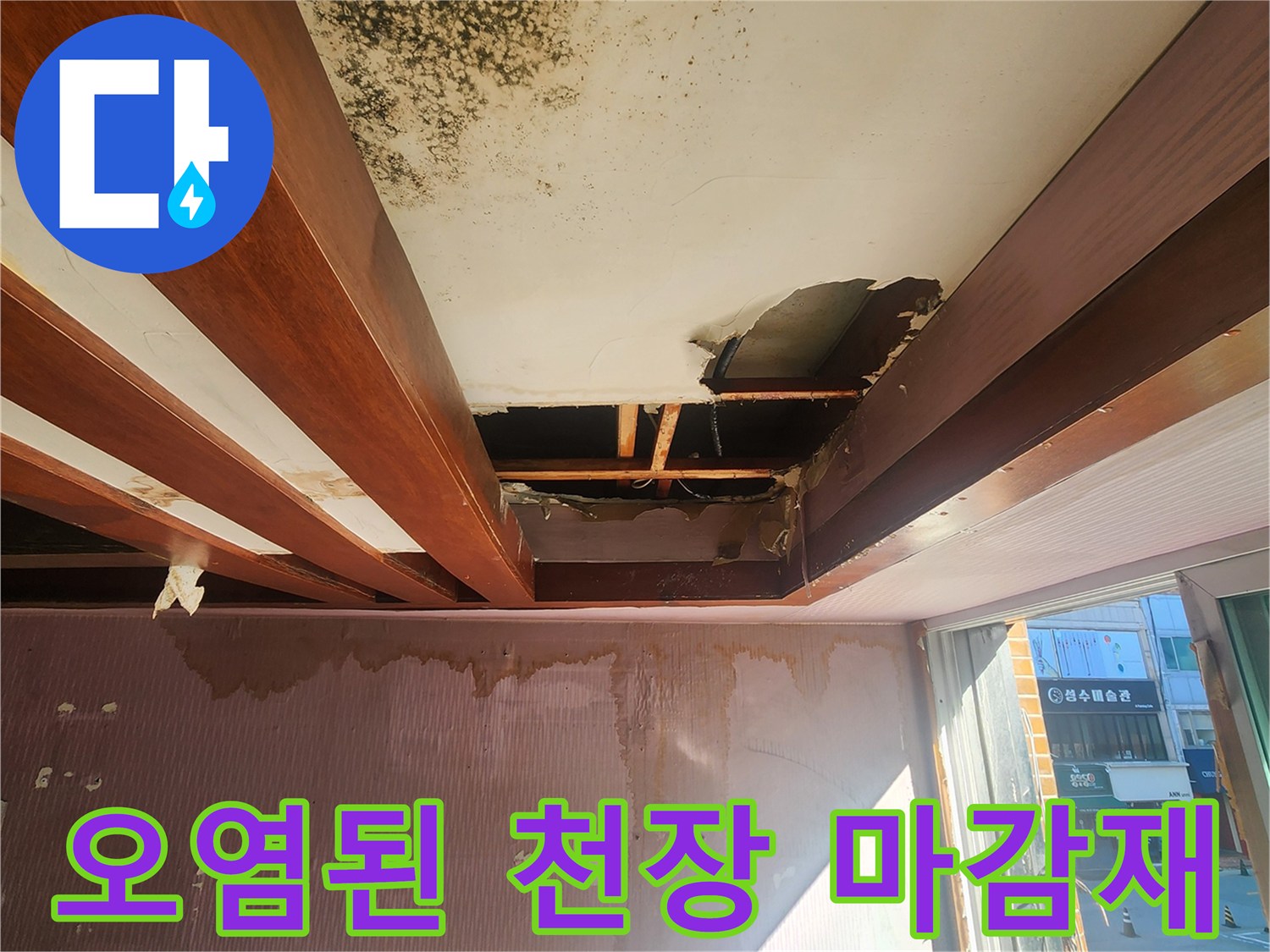 습기와 곰팡이로 인해 변색되고 파손된 천장 부위