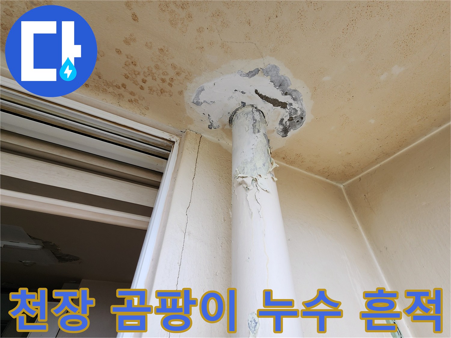 베란다 천장-배관 주변의 심한 변색 및 곰팡이 현상