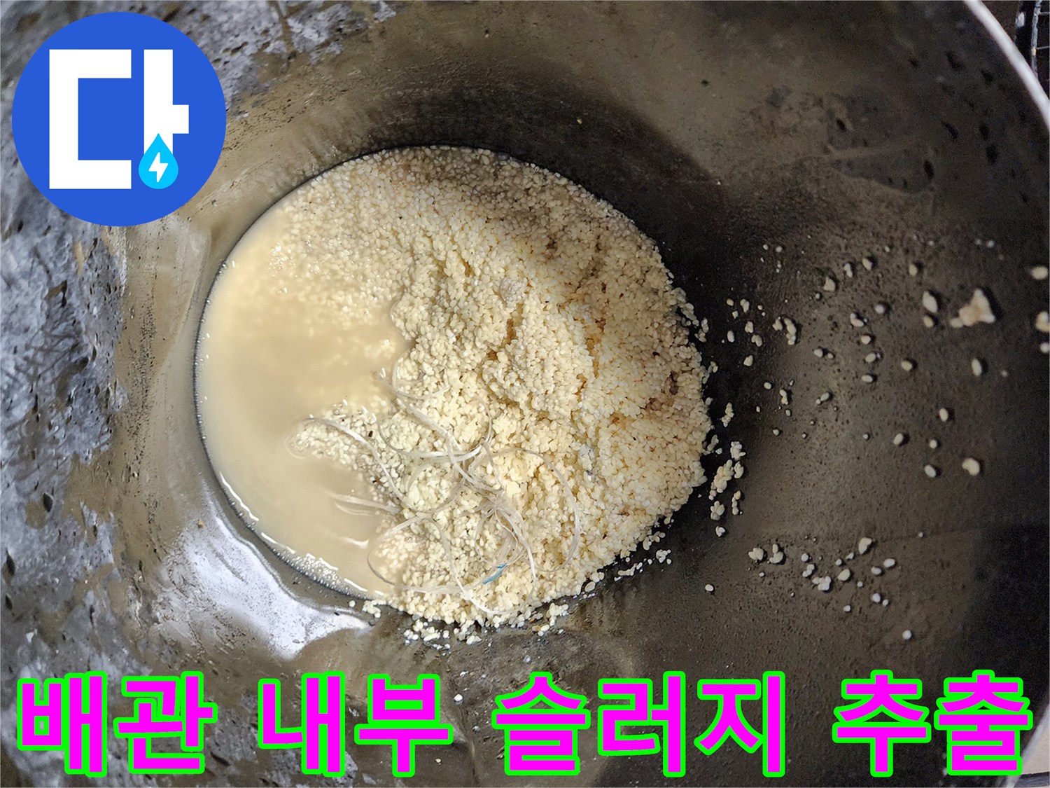 석션 작업 후-통에 모인 탁한 물과 배관 이물질 덩어리