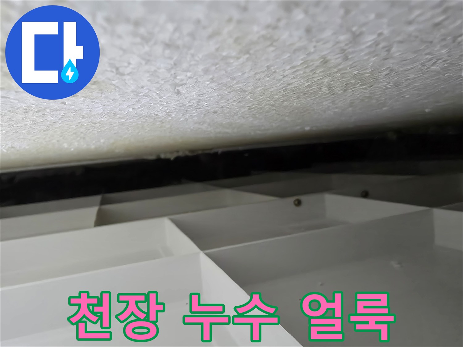 시흥 신천동 학원 천장 부분에 발생한 젖은 얼룩과 습기 흔적