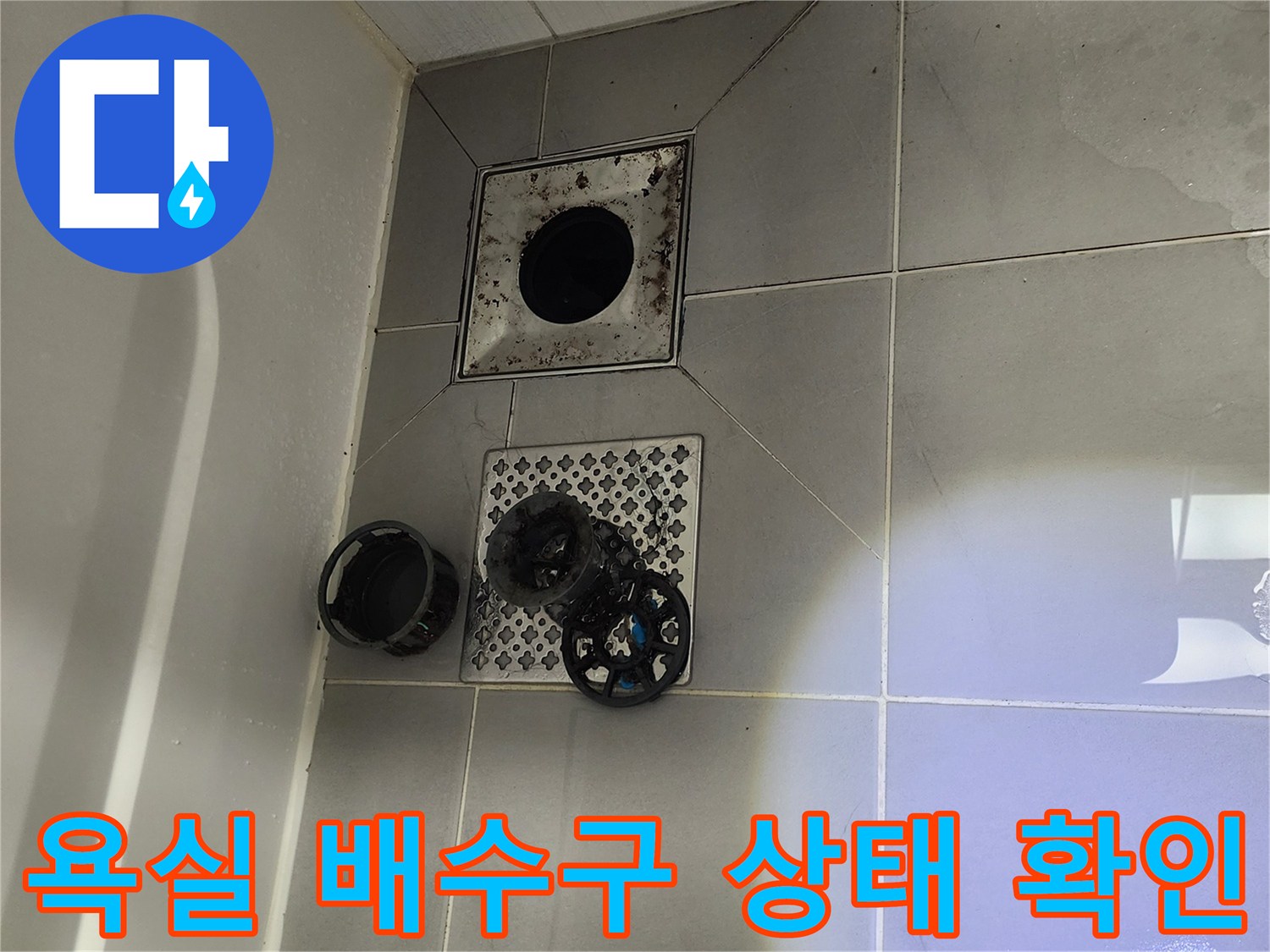 포천 영북면 화장실-배수구 유가 주변의 타일 틈새와 오염 상태를 촬영한 사진입니다.