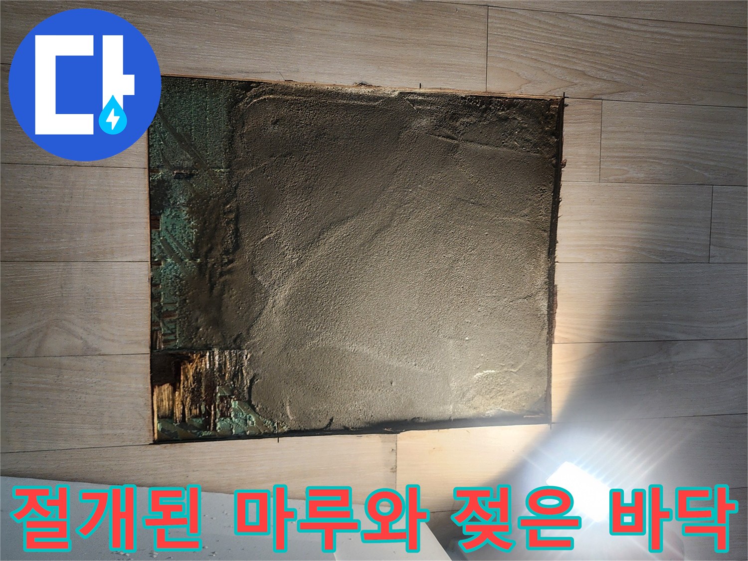 누수 탐지 후 마루를 절개하여 노출시킨 바닥면