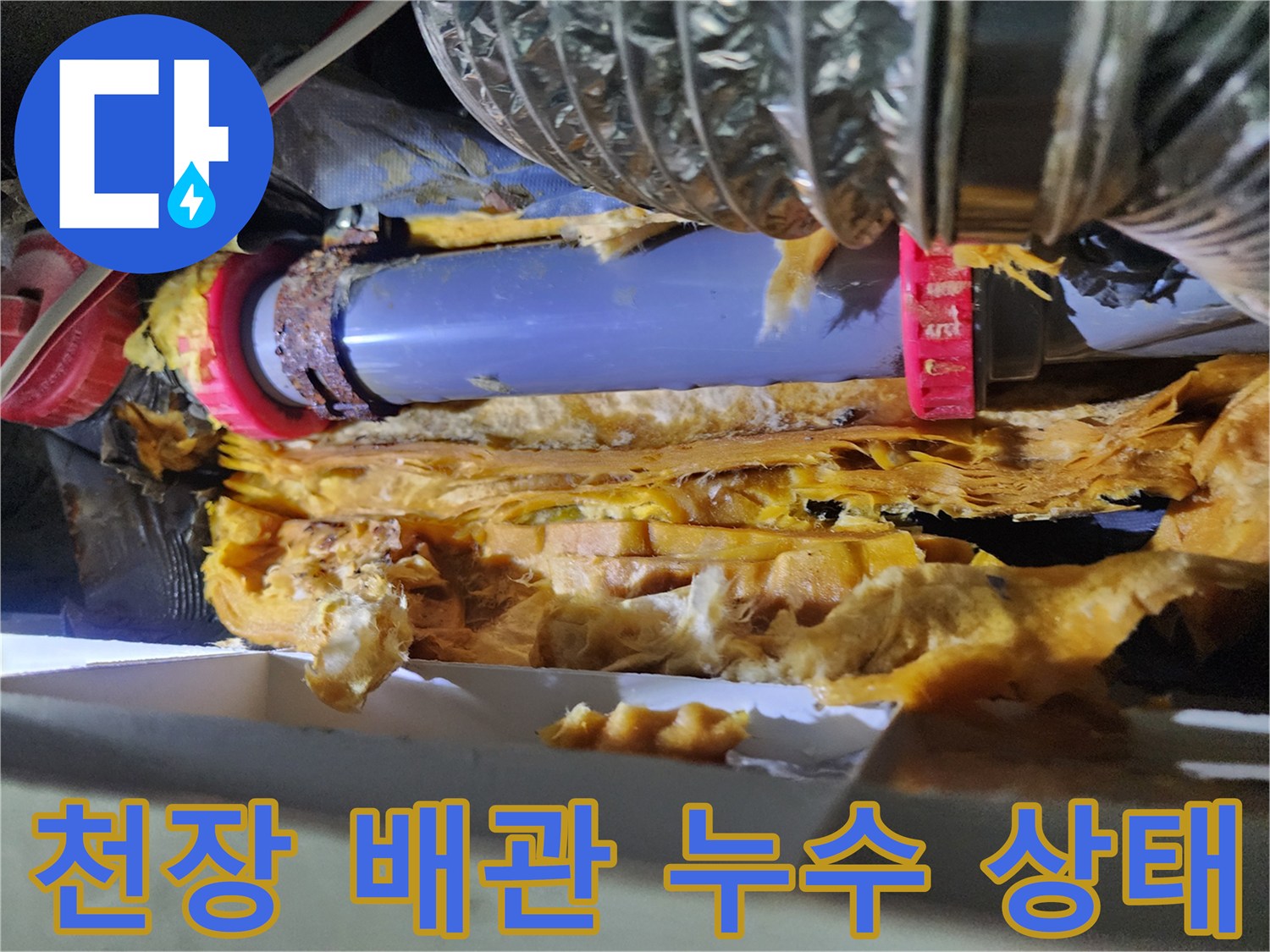 미용실 천장 내부-젖어있는 단열재와 배관 연결부