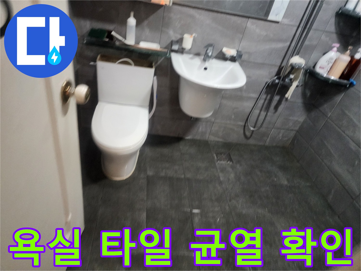 변기와 세면대 주변의 어두운 톤 타일 상태를 보여줍니다.