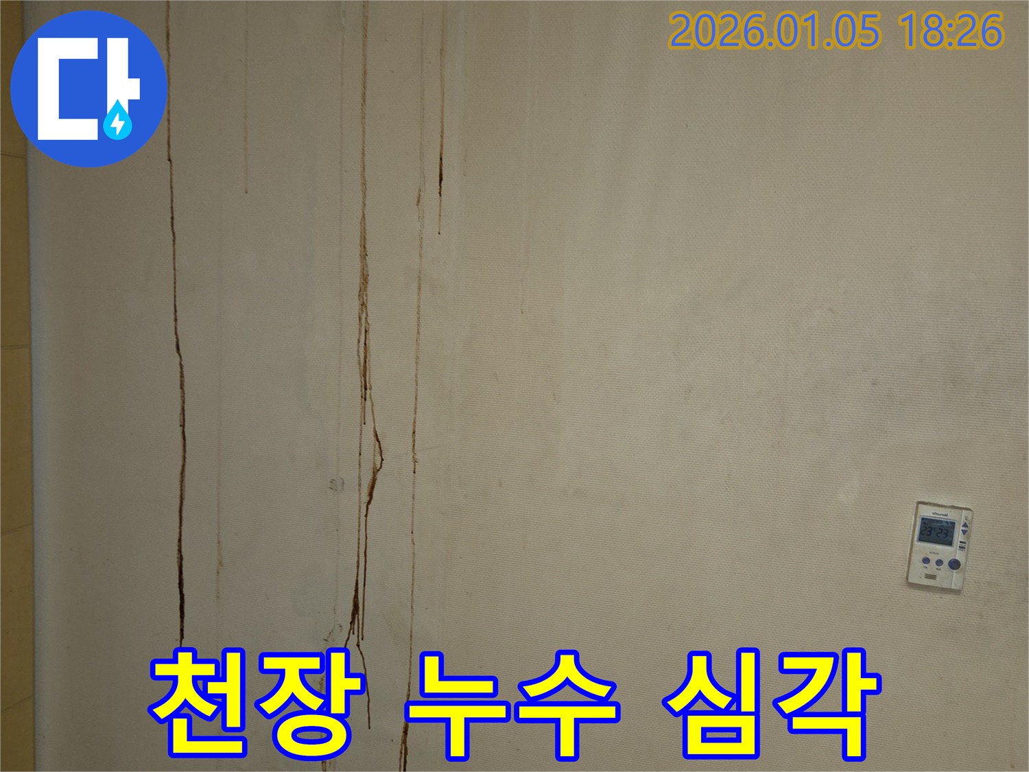 천장 누수 심각 - 심각한 누수 흔적은 건물 안전을 위협할 수 있습니다.