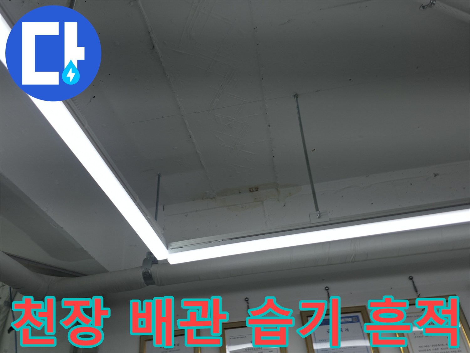 강남구 건물 천장 내부의 배관과 조명 주변 습기 상태