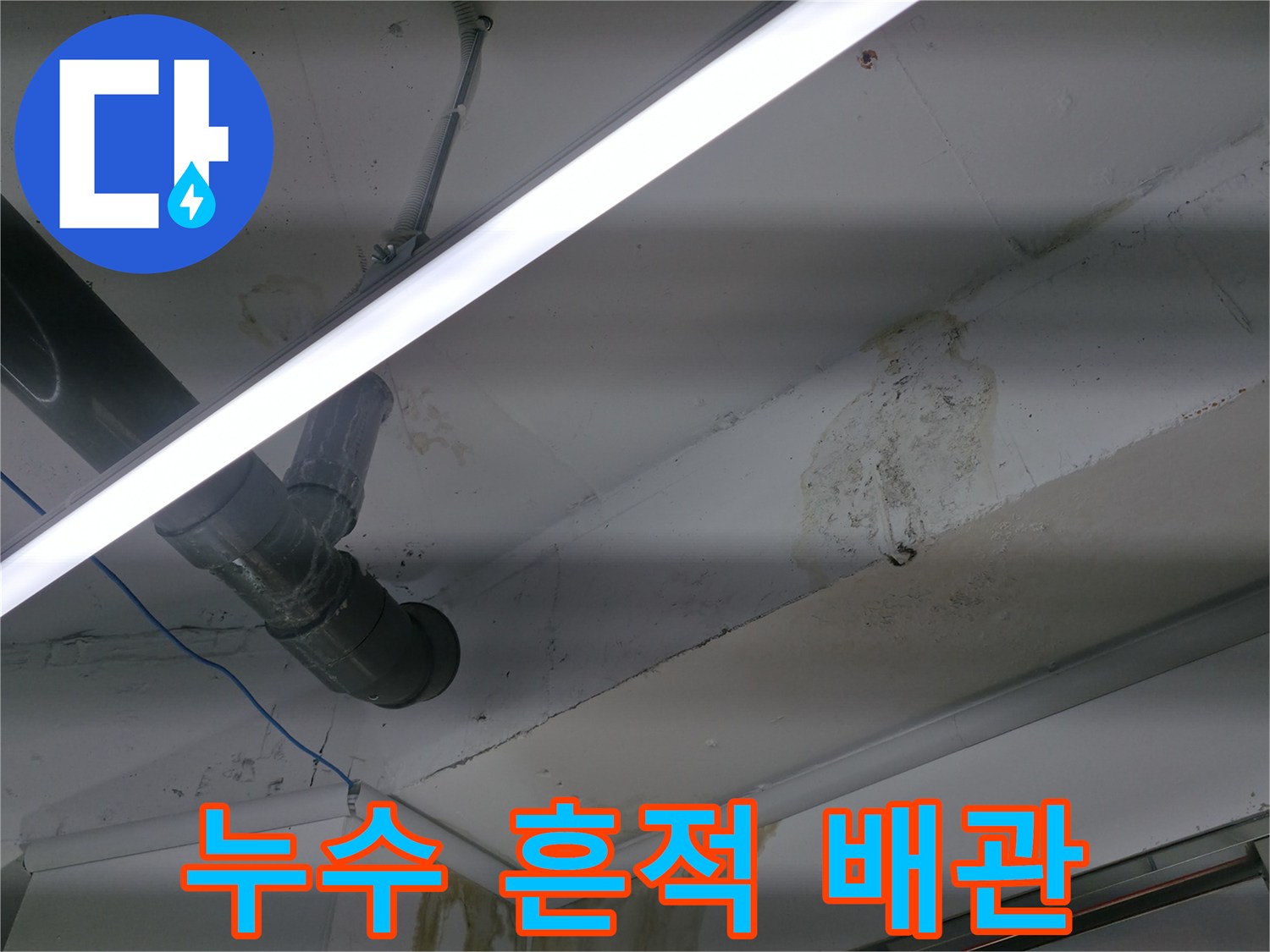 젖어 있는 천장 마감재와 배관-누수 지점 추적