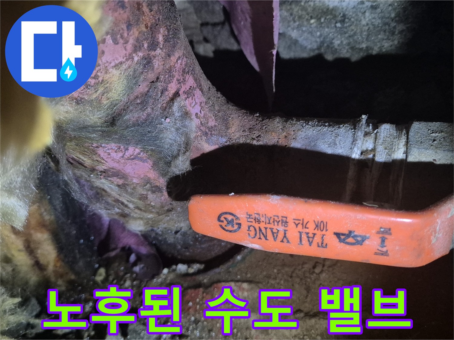 부식된<br>-수도 메인 밸브와 동배관의 오염 상태를 보여주는 사진