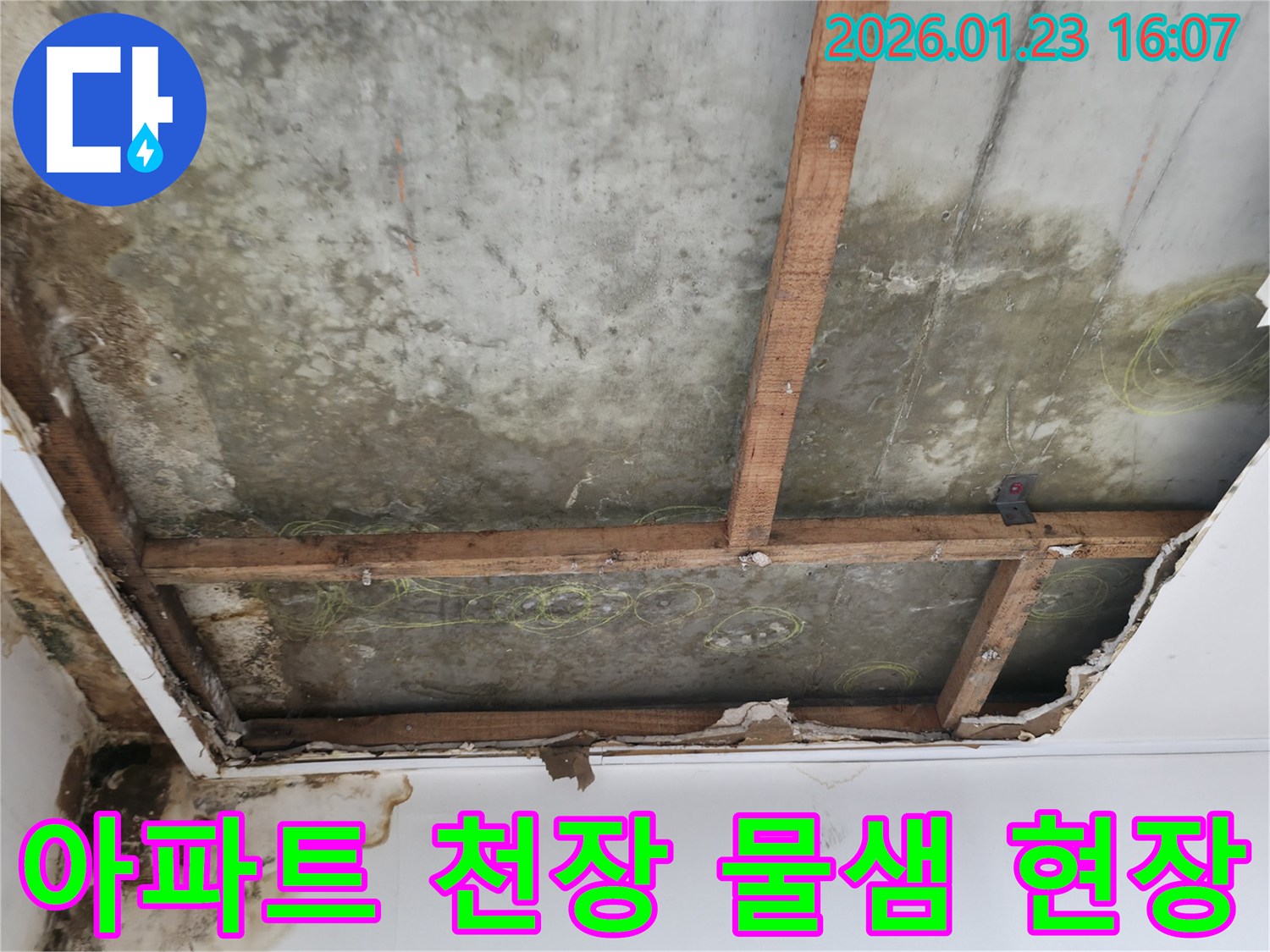아파트 천장에서 물이 새어-콘크리트 슬라브와 목재가 노출되고-물자국이 선명한 누수 현장