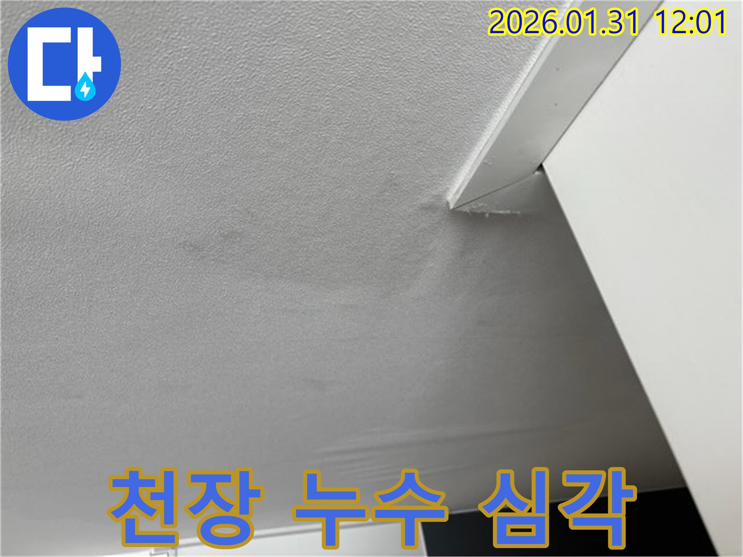 천장 누수 심각 - 천장 누수가 심각하게 진행된 모습입니다. 빠른 시간 안에 전문가의 도움을 받아 해결해야 합니다.
