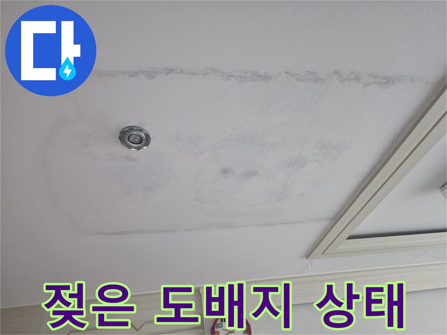 누수로 인해 변색된 천장 도배지와 습기 머금은 자국
