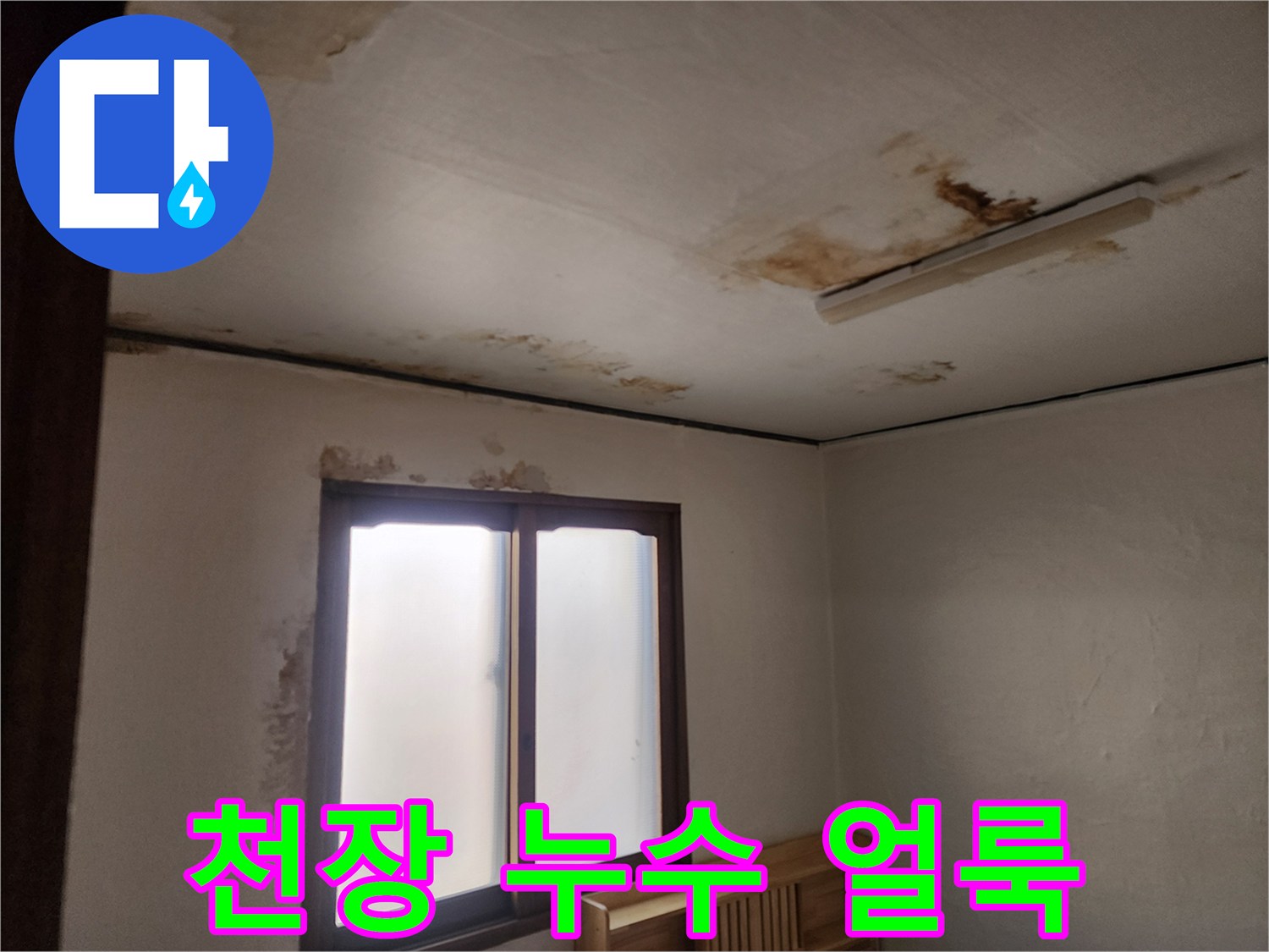 아파트 거실 천장에 발생한 갈색 누수 흔적과 벽지 오염 상태