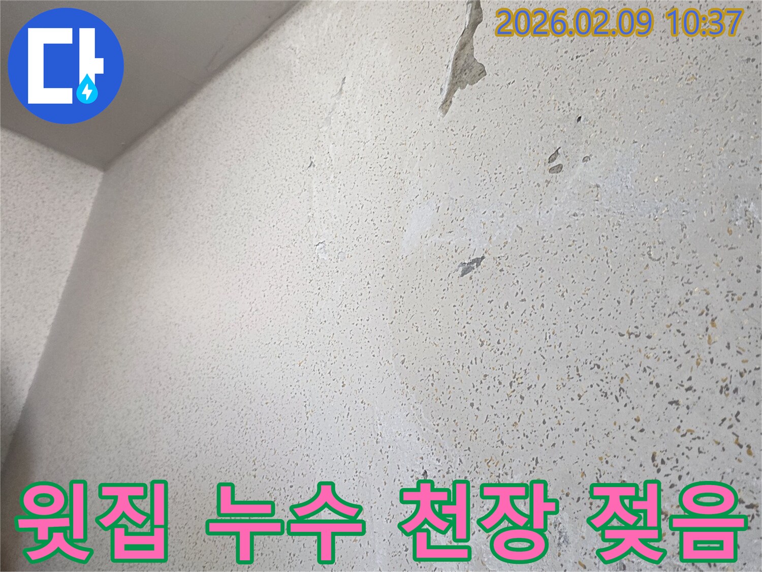 윗집에서-발생한-누수로-인해-천장이-젖어-손상된-상태를-보여줍니다