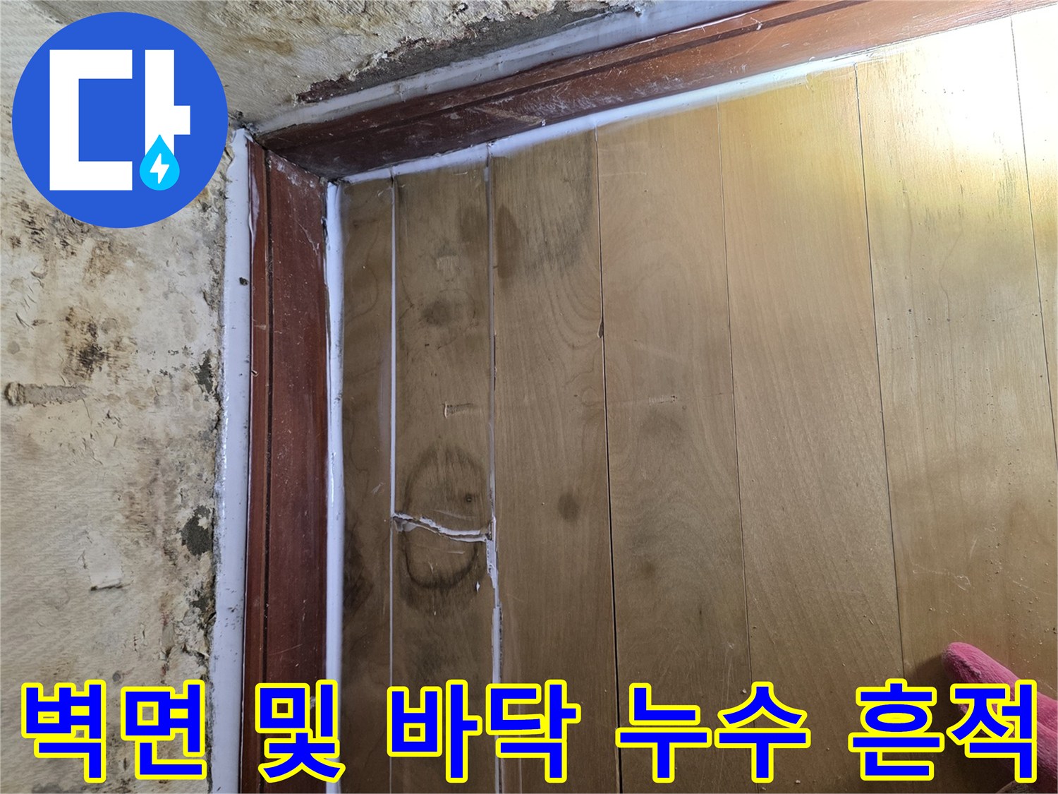습기에 노출된 벽체-물샘으로 인해 변색된 마감재 상태