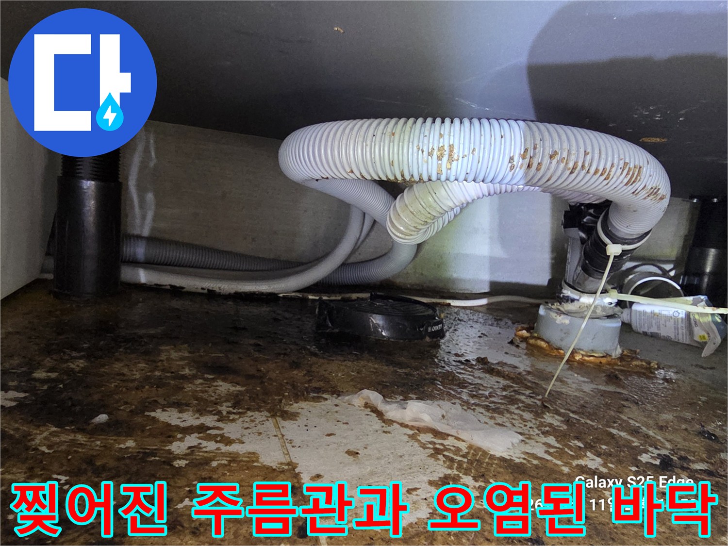 파손된-싱크대-배수호스-및-바닥-오염-상태